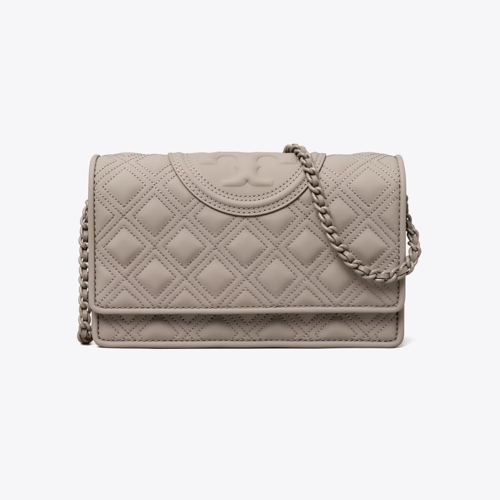 New with tags; Tory Burch Fleming Matte Chain Wallet in Gray Heron